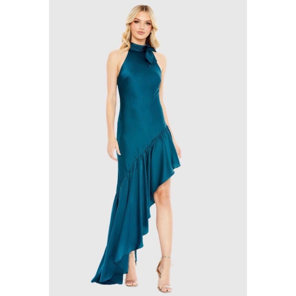 NWT Mac Duggal Teal Halter Neck Asymmetric Ruffle Dress Size 4 Style 68324